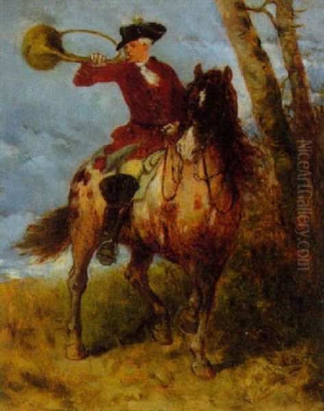 Reiter Mit Jagdhorn Am Waldrand - view 1