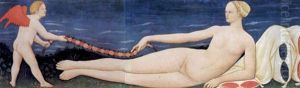 Venere Distesa Appoggiata A Cuscini In Atto Di Tenere L'estremita Di Una Ghirlanda Di Fiori Tenuta All'altro Capo Da Un Putto Alato