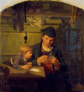 Bauernstube Mit Jungem Vater, Der Seinem Sohn Einen Scherenschnitt Anfertigt by Karl Friedrich Schick
