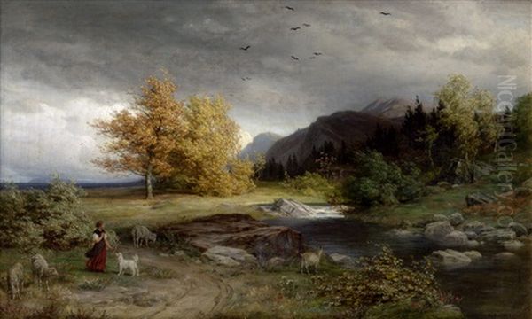 Voralpenlandschaft Bei Aufziehendem Wetter, Im Vordergrund Eine Hirtin - view 1