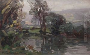 Flusstal Mit Bewaldetem Ufer by Karl Schickhardt
