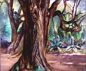 Italienische Gartenlandschaft Mit Machtigem Baumstamm Und Agaven Am Wegesrand (+ Watercolor Of Same, Smllr; 2 Works) by Fritz Schider