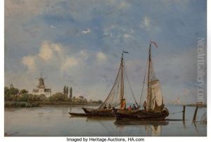 Moored Fishing Boats With Windmills In The Background; Shipping In A Light Breeze (a Pair) by Petrus Paulus Schiedges the Elder
