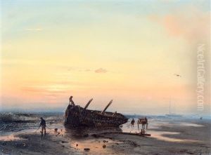 Shell Fishers Near A Shipwreck At Sunset by Petrus Paulus Schiedges the Elder