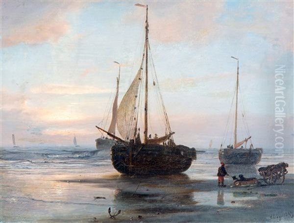 Strand Met Hondenkar En Bomschuiten Na De Visvangst - view 1