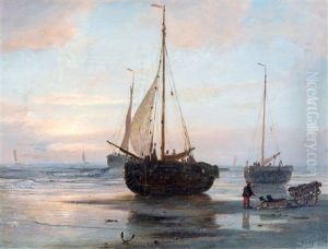 Strand Met Hondenkar En Bomschuiten Na De Visvangst by Petrus Paulus Schiedges the Elder