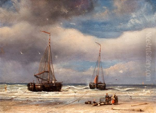 Strandscene Met Figuren Bij Een Hondenkar En Bomschuiten - view 1