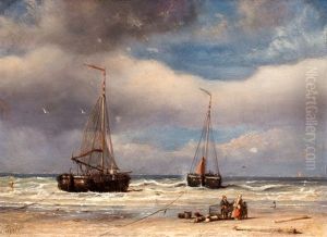 Strandscene Met Figuren Bij Een Hondenkar En Bomschuiten by Petrus Paulus Schiedges the Elder