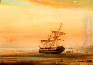 Tweemaster Op Het Strand Bij Ondergaande Zon by Petrus Paulus Schiedges the Elder