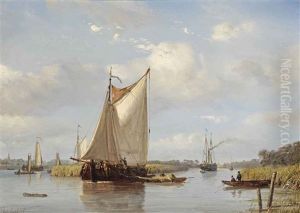 A Summer River Landscape With Flatboats by Petrus Paulus Schiedges the Elder
