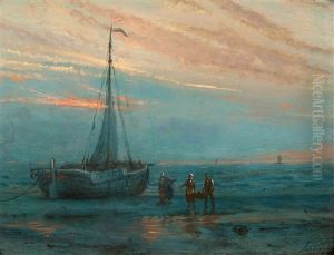The Unloading Of A Barge At Dusk by Petrus Paulus Schiedges the Elder