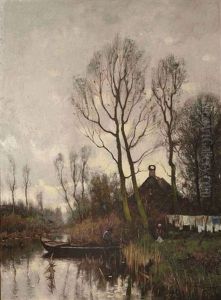 Daily Activities Along A River In An Autumn Landscape by Petrus Paulus Schiedges the Younger