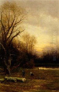 Bauern Bei Der Holzarbeit In Abendlicher Teichlandschaft
