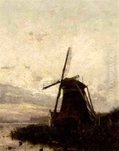 A Windmill In A Polder Landscape by Petrus Paulus Schiedges the Younger