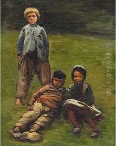 Brothers Seated With Their Sister In A Field