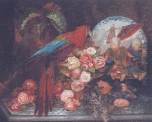 Still Life With Chinese Doll, A Parrot And A Bowl Of Roses by Gabriel Boutet