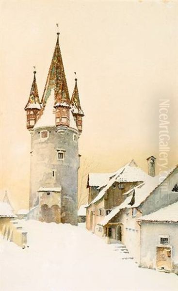 Der Diebsturm Und Die Glockengieserhutte Am Oberen Schrannenplatz Zu Lindau Im Winter - view 1