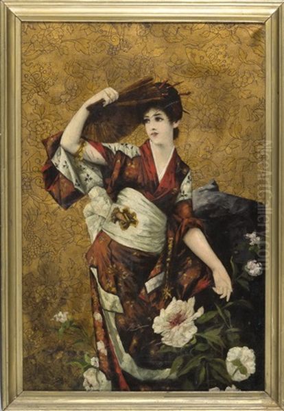 Japanerin Im Kimono Mit Facher Vor Einem Paonienstrauch Stehend - view 1