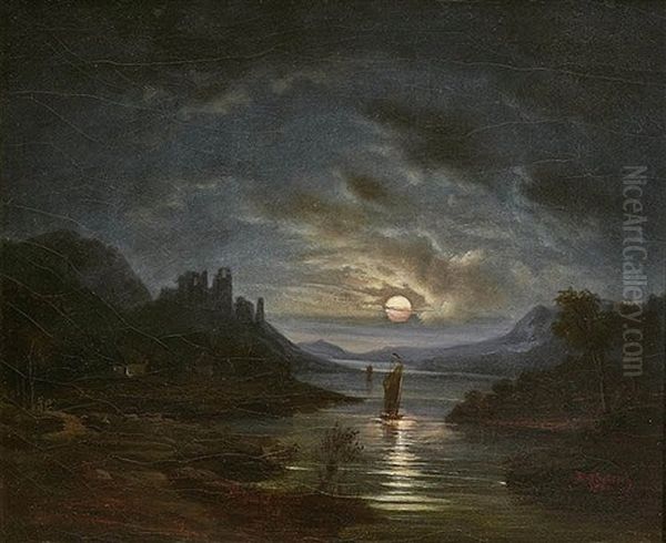 A Moonlit River Landscape With The Ruins Of A Castle (metternich Castle, Moselle?) - view 1