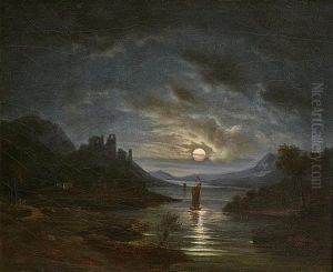 A Moonlit River Landscape With The Ruins Of A Castle (metternich Castle, Moselle?) by August Ferdinand Schiertz