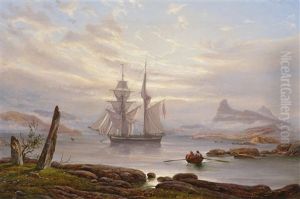Vor Anker Liegender Zweimaster In Einem Fjord Im Nordlichen Norwegen by Franz Wilhelm Schiertz