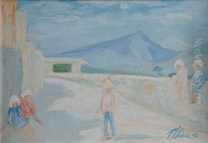 Kinder An Der Strasse Auf Mallorca by Ernst Traugott Schiess