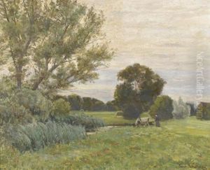 Wiesenpartie Mit Baumen Und Einer Bauerin by Ernst Traugott Schiess