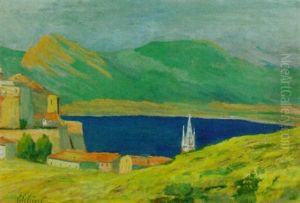 Spanische Landschaft Mit Festung Und Meer by Ernst Traugott Schiess