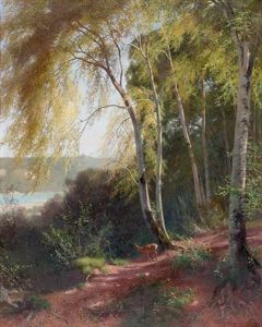 Waldlandschaft Mit Rehen by Traugott Schiess