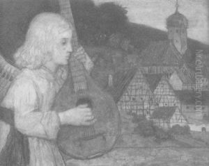 Jugendlicher Engel Mit Mandoline, Im Hintergrund Ein Bayrisches Dorf by Matthaeus Schiestl