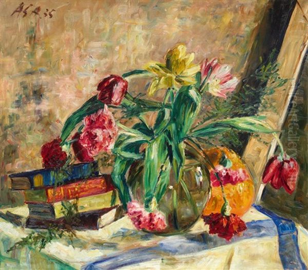 Stillleben Mit Blumenstraus Und Buchern - view 1