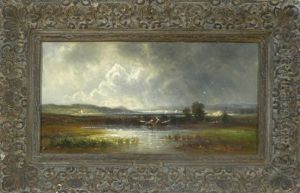 Weite, Oberbayerische Seelandschaft Bei Gewitterstimmung, Im Vordergrund Zwei Fischer Im Ruderboot by Robert (August Rudolf) Schietzold