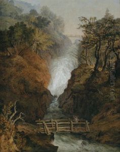 Wasserfall Mit Holzsammler Auf Der Brucke