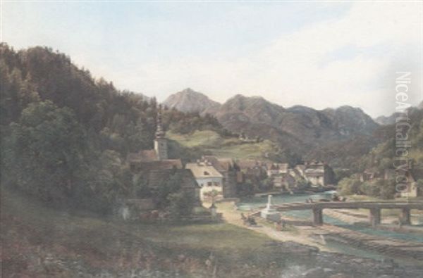 A View Of A Town By A River With Figures Crossing A Bridge In The Foreground And An Extensive Mountain View Beyond - view 1