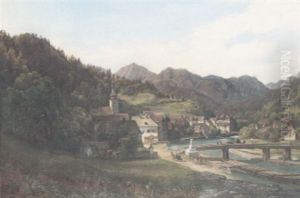 A View Of A Town By A River With Figures Crossing A Bridge In The Foreground And An Extensive Mountain View Beyond