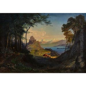 Burgruine Mit See Und Alpenkulisse by Jost Joseph Niklaus Schiffmann
