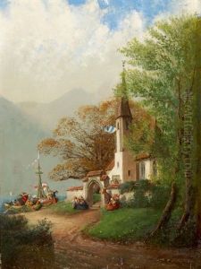 Vor Einem Kirchlein Vom See Ankommende Boote Mit Festlicher Gesellschaft Mit Maibaum Und Trompeter