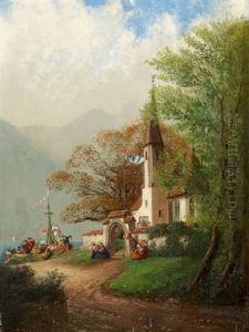 Vor Einem Kirchlein Vom See Ankommende Boote Mit Festlicher Gesellschaft by Jost Joseph Niklaus Schiffmann