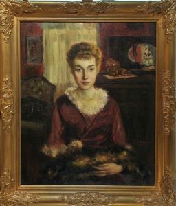 Halbportrait Einer Sitzenden Dame Im Roten Kleid Mit Katze Auf Ihrem Schos