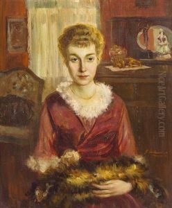 Halbportrait Der Marie Charlotte Iversen (fussen) In Rotem Kleid Mit Ihrer Katze