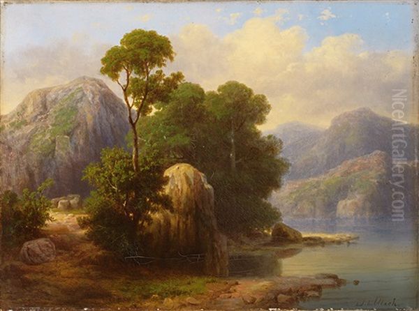 Sommerliche Flusslandschaft Mit Gebirgshintergrund Und Malerischer Baum-/felsgruppe - view 1