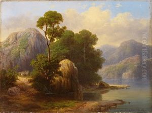Sommerliche Flusslandschaft Mit Gebirgshintergrund Und Malerischer Baum-/felsgruppe