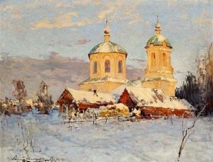 Winter Landscape With A Church In The Evening Sun by Andrej Nikolajevich Schilder