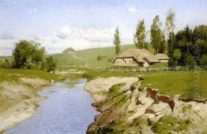 Thatched Cottages Along A Stream Thatched Cottages Along A Stream