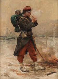 A French Infantryman On Guard Duty Lighting Apipe