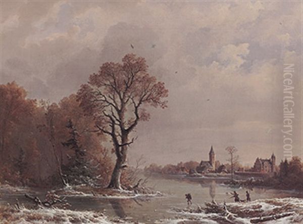 Winterlandschaft Mit Zugefrorenem Flusslauf, Kirche Und Malerischem Schloss - view 1