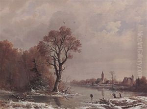 Winterlandschaft Mit Zugefrorenem Flusslauf, Kirche Und Malerischem Schloss by Heinrich Schilking