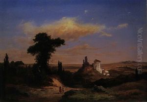 Italienische Landschaft Mit Gebaude Und Personenstaffage by Heinrich Schilking