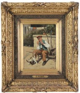 Homme A La Pipe Sur Chariot, Chat A Ses Cotes by Adolf Schill