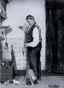 A Kitchen Interior With A Peasant Lighting A Pipe by Jeremias Adriaan Adolf Schill